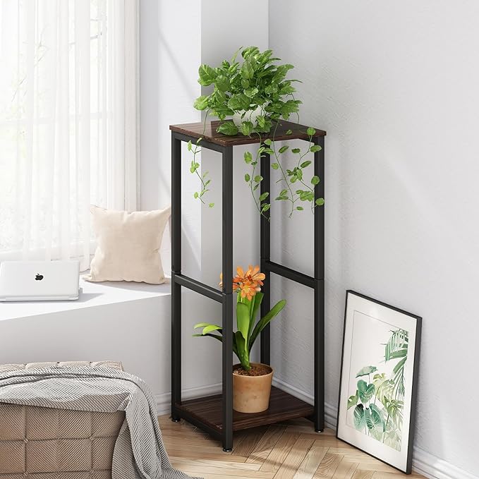 Plant Stand Indoor 2 Tier Tall Metal Corner Storage Tiered Plant Shelf Holder Multiple for Living Room Balcony Garden,Black Oak (2 Tier-Black Oak)
