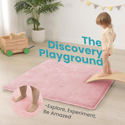 Baby Play Mat for Floor,1.3" Thick Elasti-Foam 50"×50" Playpen Mat for Tummy Time,Water Repellent Soft Coral Velvet for Toddler,Infant,Kids,Non-Slip Backing Safe for Crawling(Pink)