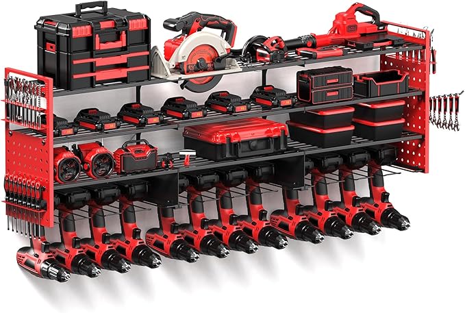 Power Tool Organizer Wall Mount with 12 Drills Holder, 49" Heavy Duty 4-Tier Power Tool Storage Rack, DIY Pegboard Side Panels,4 Long Hooks, Garage Metal Tool Shelf for Battery,Drills