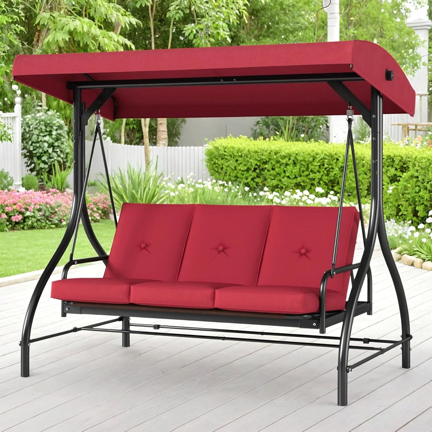 MAMIZO 3-Seat Outdoor Patio Swing, Porch Swings, Backrest Bench Sets, Glider Swing Bed Chair W/Adjustable Canopy, Thickened Removable Cushions, for Outside Backyard, Garden, 750LBS(Burgundy)