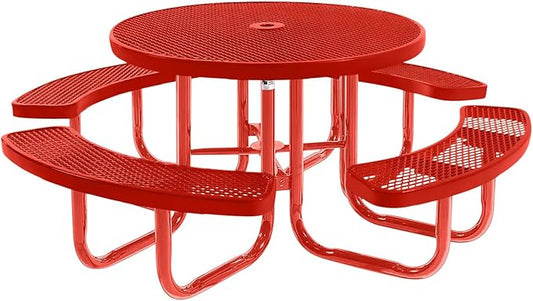 Heavy-Duty Portable Outdoor Picnic Table with Umbrella Hole, Expanded Metal Commercial-Grade Patio Furniture Made in America (46" Round Top, Red with Red Frames)