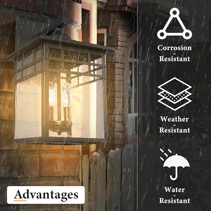 Outdoor Light Fixture Wall Mount, Black Exterior Light Fixture Wall Sconces with Seeded Glass for Front Porch, Large Waterproof Outdoor Square Wall Lantern Outside for House Doorway