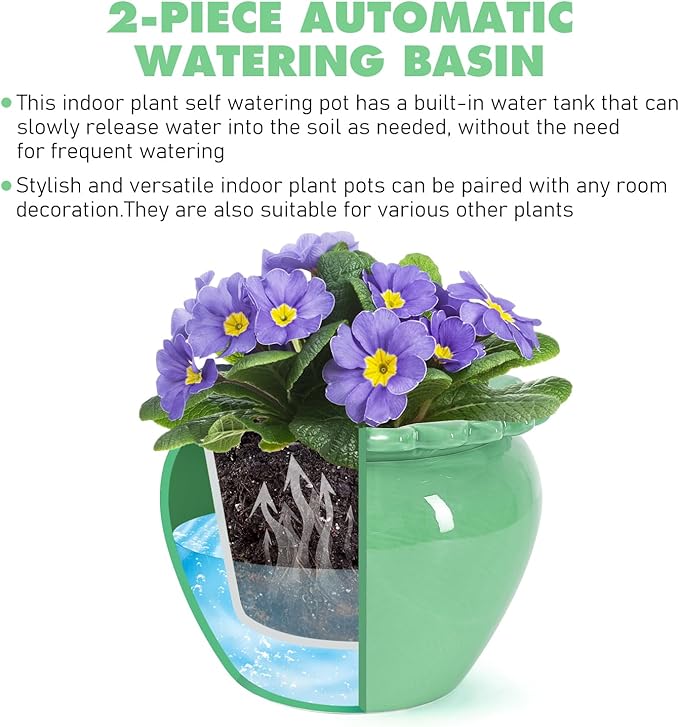 Large African Violet Pots Ceramic Planters for Indoor Plants 10.5in Self-Watering Terracotta Planter Green Dolomite Clay Morden Decor Ceramic Flower Pot for Home Office Decoration