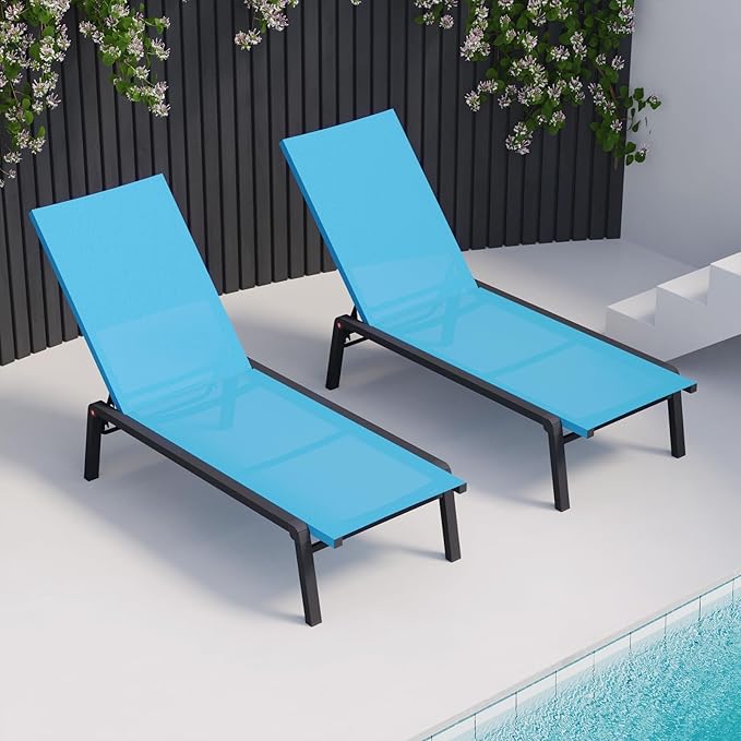Patio Chaise Lounge Set of 2 with 4 Adjustable Backrest, Foldable Aluminum Chaise Lounge Chair Recliner for Outdoor, Poolside, Sun Tanning Blue