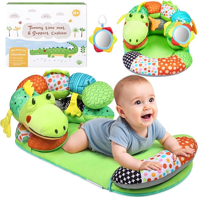 Lilian&Gema 2-in-1 Baby Tummy Time Mat & Support Pillow for Newborns and Babies, Adorable Alligator Design with Detachable Tummy Time Pillow, Soft Tummy Time Mat for Neck & Muscle Development