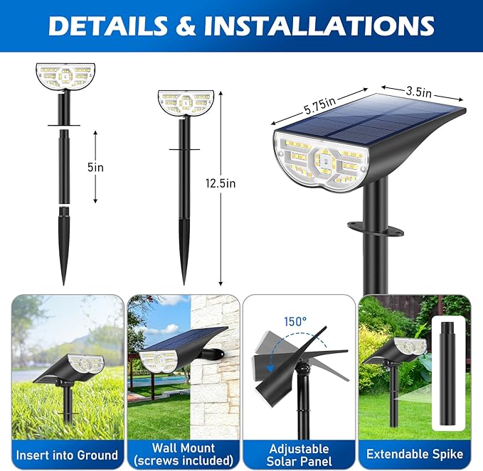 Solar Lights Outdoor, 5 Working Modes Solar Powered Spotlights for Yard, Waterproof Outside Solar Landscape Lights with 3 Color Temperatures, Bright LED Outdoor Lights for Garden Tree Pathway, 8-Pack