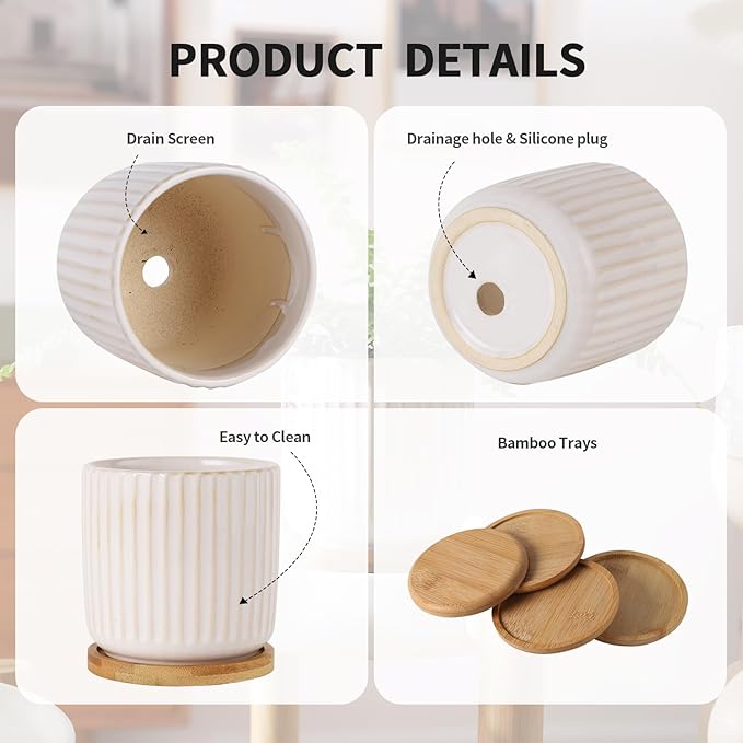 OMAYKEY 4 Inch Ceramic Plant Pot with Saucer, Creative Stripe Small Planters Pots with Drainage Hole and Mesh Pads for Succulent, Cactus, Herbs, White - Set of 4