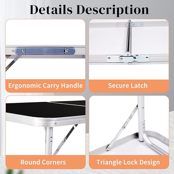 Outvita 3ft Portable Folding Camping Table, Outdoor Waterproof Adjustable Height Table, Aluminum Lightweight Suitcase Foldable Table for Picnic BBQ Beach Dining