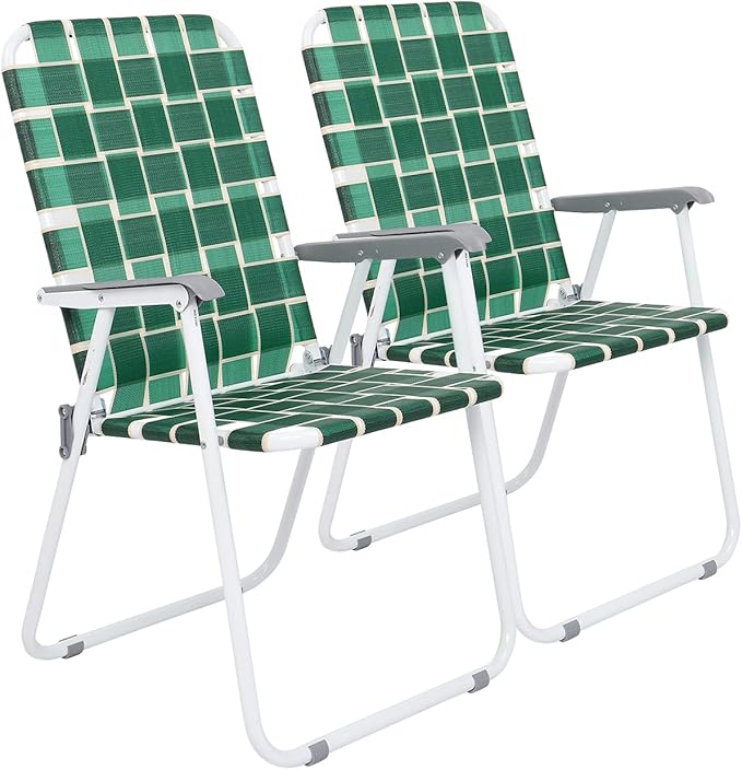 VINGLI Patio Lawn Webbed Folding Chairs Set of 4, Outdoor Beach Chair Portable Dining Chair for Outdoor Yard, Garden (Dark Green, Classic)