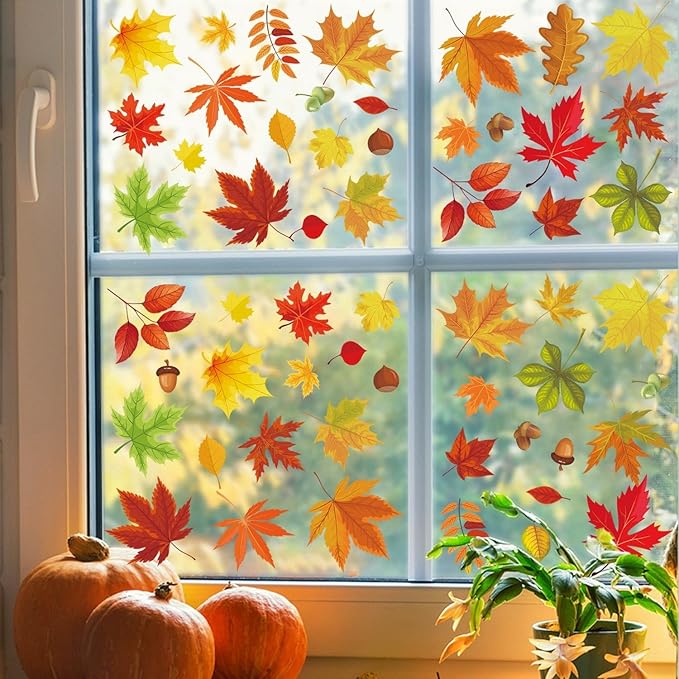 6 Sheets Fall Leaves Window Clings for Glass Windows Double-Side Autumn Window Clings Maple Leaves Pinecone Designs Thanksgiving Clings for Glass Windows Stickers for Home Office School Glass Decor