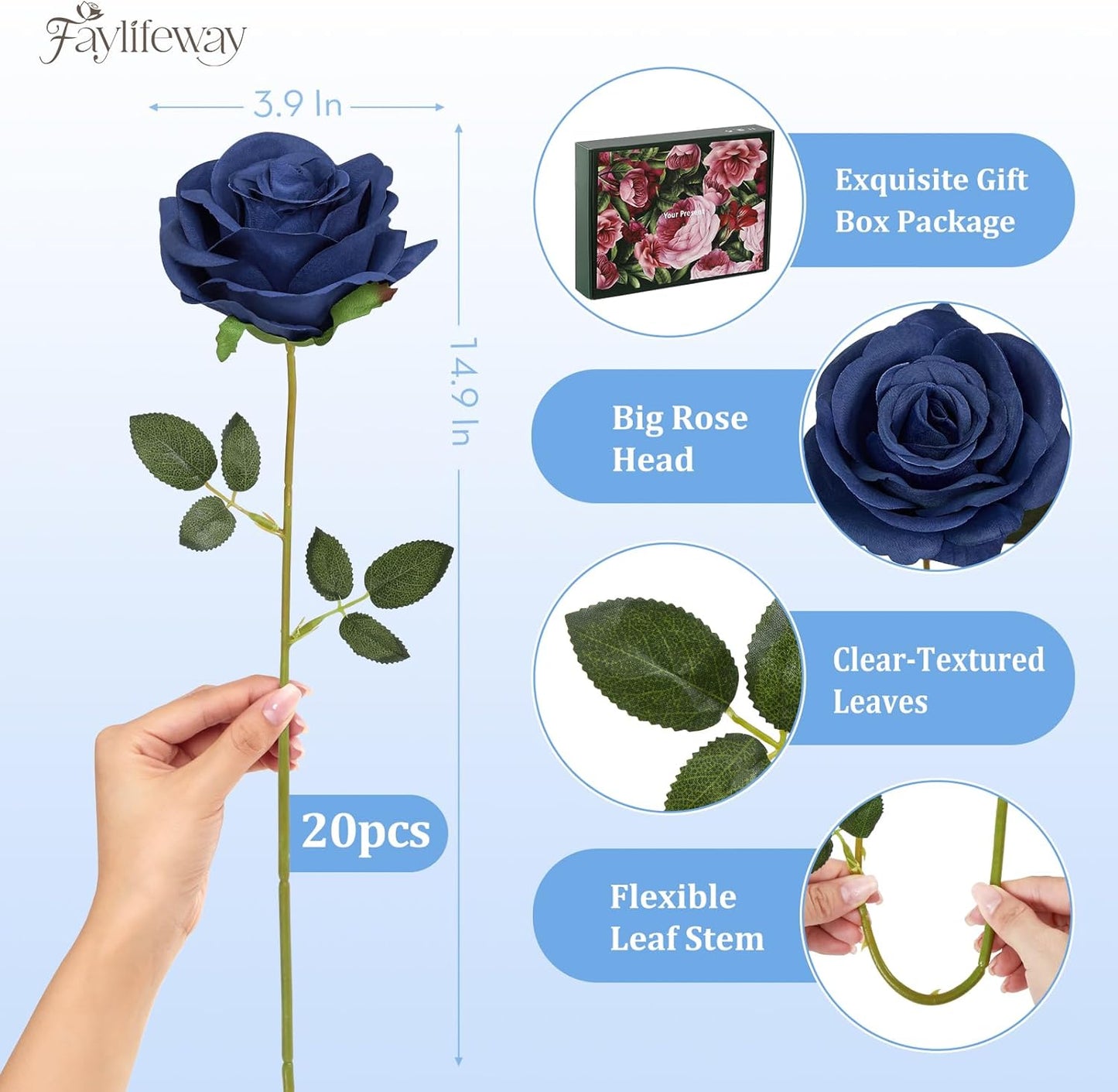 20PCS Artificial Dusty Blue Roses, 3.9'' Silk Flower Head Fake Blue Rose with Long Stems, Realistic Faux Roses Bouquet for Mother's Day DIY Wedding Home Party Office Decoration