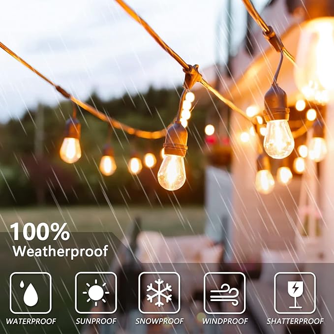 Voolex Outdoor String Lights 52FT Cold Light and Warm Light 2 Colors Changing Switch Waterproof 30V LED Bulbs Shatterproof with Remote Control for Party Patio Decoration Garden