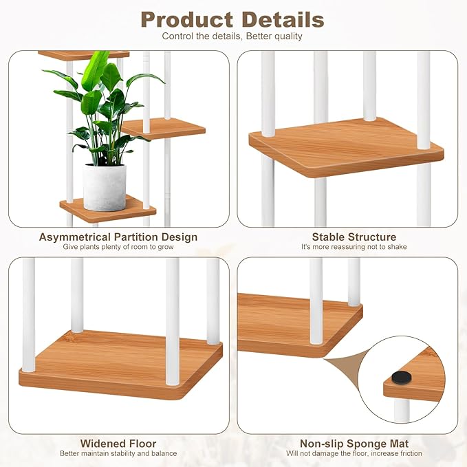 6 Tier Wood Tall Plant Stand Metal Rack Indoor, Multiple Flower Pot Holder Shelves Corner Rack, Planter Shelf Display Rack Storage Organizer for Patio Living Room Balcony Garden(White)