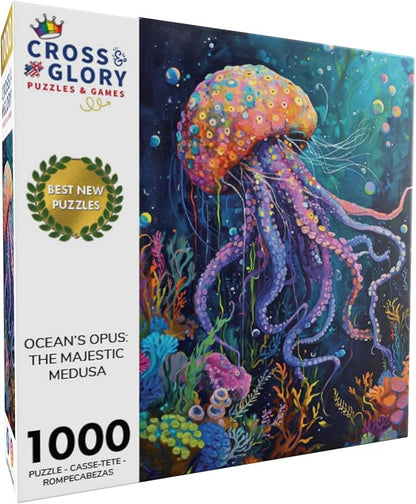 Cross & Glory - Ocean's Opus: The Majestic Medusa - 1000 Piece Jigsaw Puzzle for Adults | Firework Jellyfish | Vibrant Undersea Scene | Top Selling Challenging Puzzle