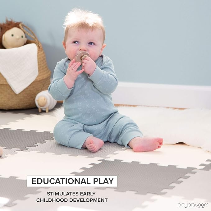 Play Platoon Non-Toxic Foam Puzzle Floor Mat, Comfortable, Extra Thick, Cushiony Play Mat for Toddlers, Kids & Adults, 36 Tiles (12"x12"), Square, Grey/Cream/Charcoal