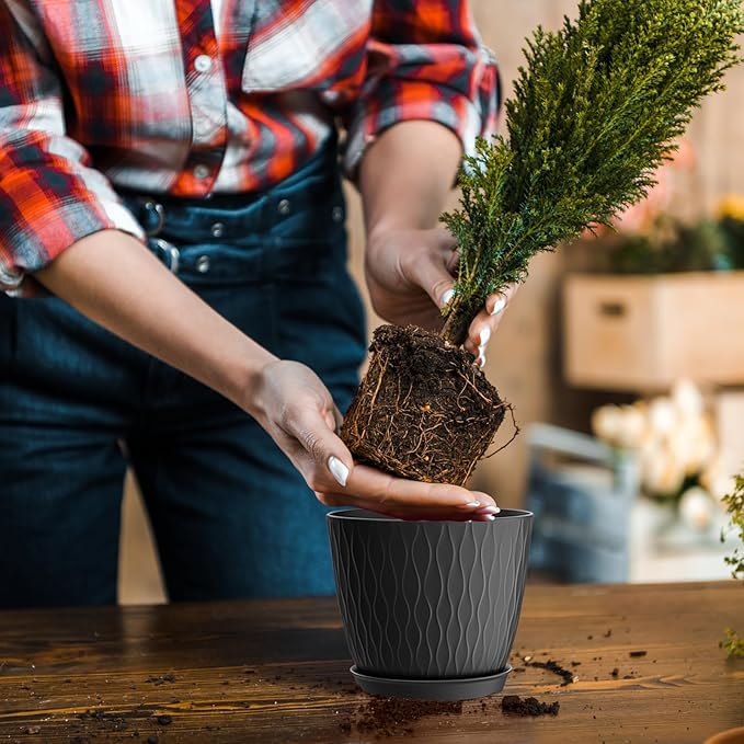 12 Pack 6 inch Plant pots, Plastic Planters with Drainage Holes and Saucers for Indoor Outdoor Flowers and Plants, Black