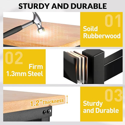 60" Workbench for Garage with Drawers Rubberwood Tabletop Work Table with Pegboard, Power Outlets Adjustable Height Work Bench for Office, Woodworking Shop, Home