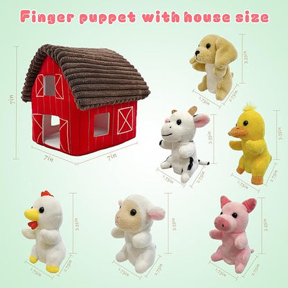 6 Pcs Farm Animals Finger Puppet with Farm Houses, Realistic Soft Plush Toy for Kids, Novelty Animals Toys Role-Playing Story Finger Puppets Plush Finger Puppets Gifts for Boys and Girls