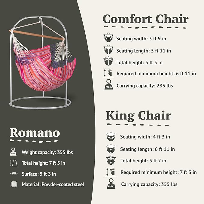 LA SIESTA® - Large Comfort Habana Cotton Hammock Chair & Romano Steel Stand - Hanging Hammock Chair w/Stand - Indoor Outdoor Hammock Chair Swing Bedroom Porch Balcony - Boho Hanging Chair - Flamingo