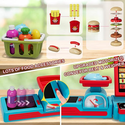 63PCS Cash Register for Kids, Kids Cash Register with Real Calculator, Pretend Play Store with Music/Motorized Conveyor/Play Money/Food Toys, Learning Toys for Boys Girls 3+, Red