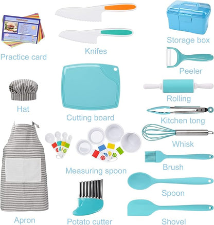 Kids Cooking and Baking Set with Storage Case Real Cooking Supplies with Cookbook Knives Apron Chef Hat Kids Cooking Utensils for Girls Boys