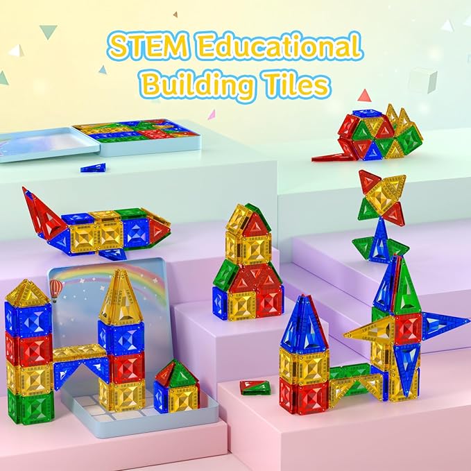 60pcs Mini Magnetic Tiles for Kids Ages 3-8,Travel Magnetic Building Blocks with Metal Storage Box, STEM Educational Toys, Montessori Sensory Learning Toys for Toddlers, Boys & Girls Gift