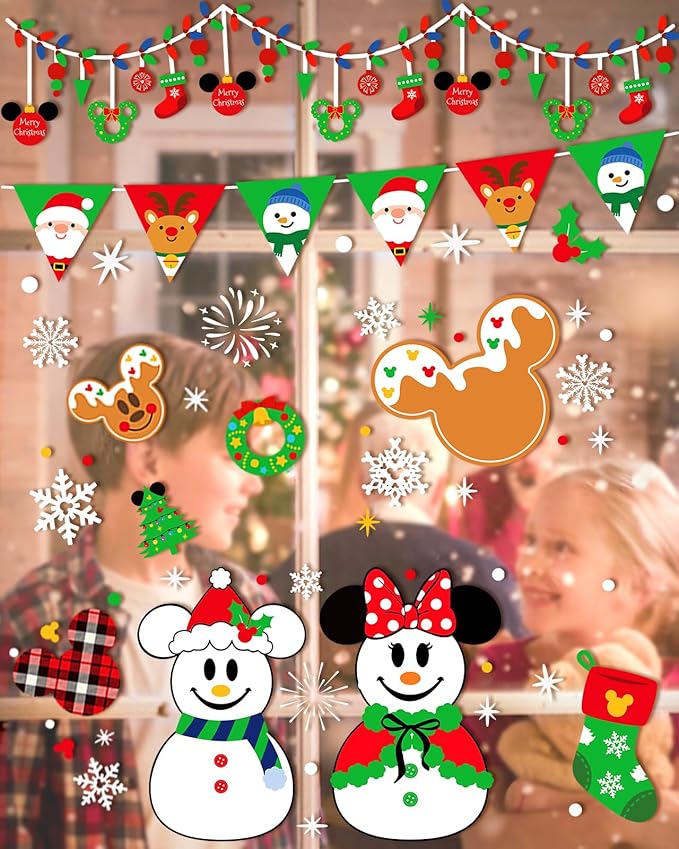 Christmas Window Clings - 9 Sheets 166 Pcs Cute Xmas Decorations for Winter Holiday Home Party, Santa Snowman Tree Snowflake Gingerbread Stickers for Glass, Double-Sided Static Window Decals