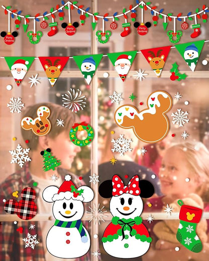 Christmas Window Clings - 9 Sheets 166 Pcs Cute Xmas Decorations for Winter Holiday Home Party, Santa Snowman Tree Snowflake Gingerbread Stickers for Glass, Double-Sided Static Window Decals