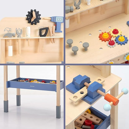 69‑Piece Wooden Kids Tool Bench – Montessori Toddler Workbench with Pretend Power Drill, Clock & Storage Shelf – STEM Construction Play Set for Boys & Girls Ages 3‑5
