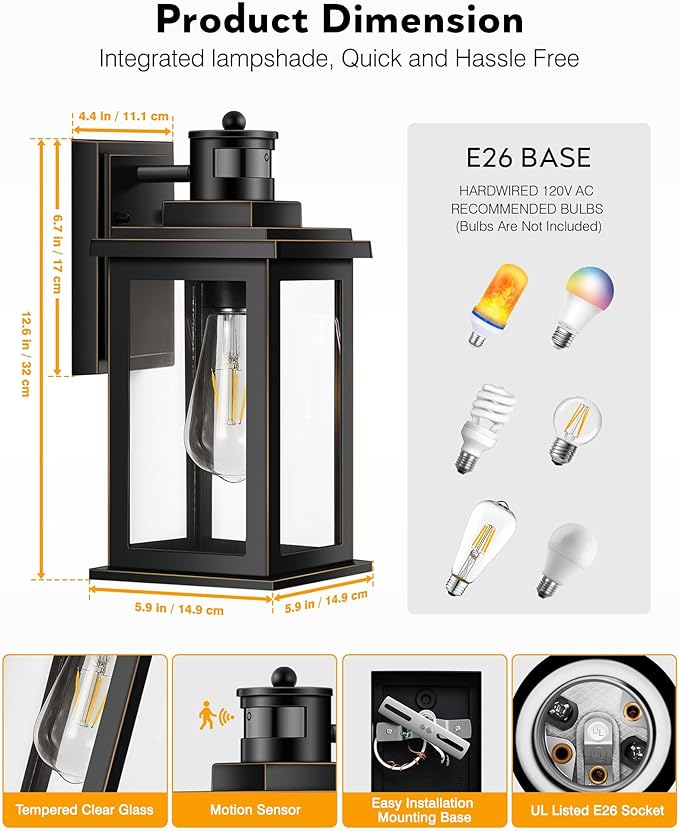 VIANIS 2 Packs Motion Sensor Outdoor Lights for House, Dusk to Dawn Front Porch Light, Black Gold Outdoor Light Fixture Sconce with Tempered Glass for House, Doorway, Entryway,Hardwired, Non-Solar