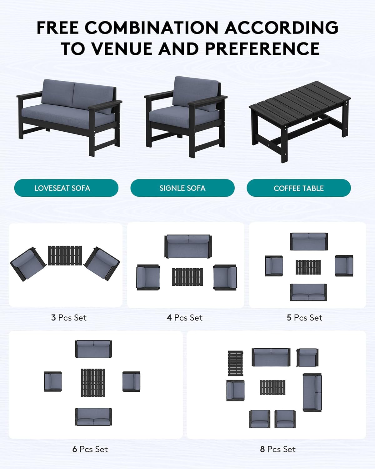 SERWALL 4 Pieces HDPE Outdoor Sofa Set with Cushion, All Weather Use Conversation Couch Set, Outdoor Loveseat Social Furniture with Coffee Table and Cushions, Black Frame with Grey Cushions