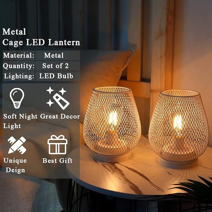 JHY DESIGN Set of 2 Metal Cage LED Lanterns Battery Powered Cordless Accent Light with LED Great for Weddings Parties Patio Events for Indoors Outdoors(White)