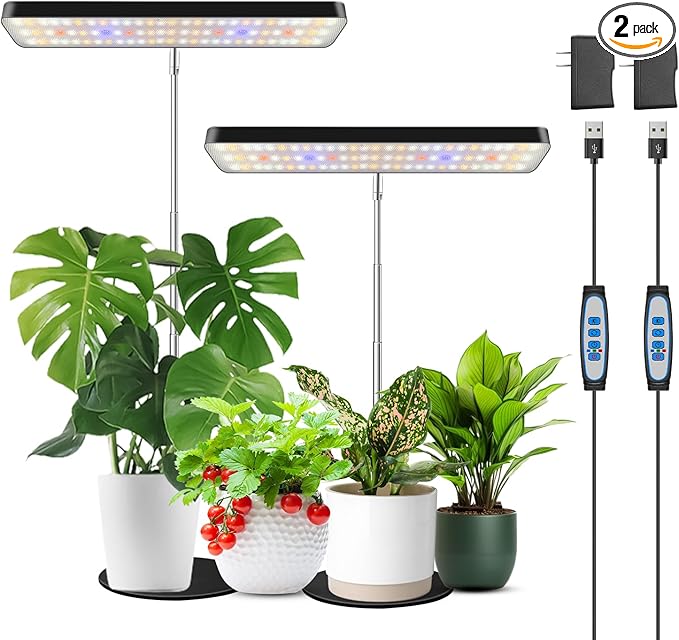 Wiaxulay Grow Lights, Full Spectrum Plant Light for Indoor Plants, Height Adjustable Desktop Grow Lamp with Auto Timer 6/12/16Hrs, 3 Lighting Modes,5 Brightness,Ideal for Indoor Plants, 2 Pack