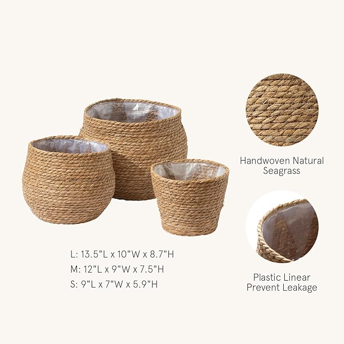 LA JOLIE MUSE Natural Seagrass Large Planter, Plant Pots Cover, Indoor Planters Flower Pots, 13.5+12+9 inch Pack 3, Brown