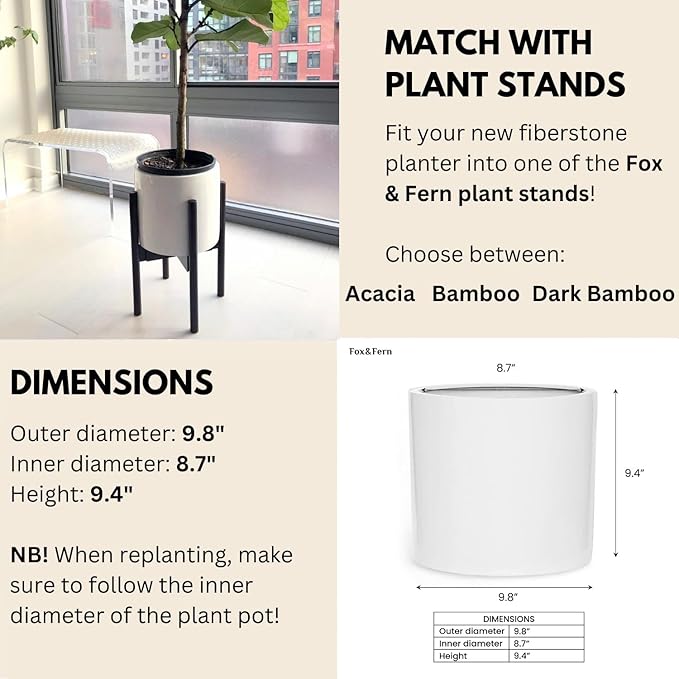 Fox & Fern 10 Inch Plant Pot with Drainage Plug — Premium Lightweight Fiberstone Glossy White Planter; Indoor & Outdoor Planter; 10 Inch Pots for Plants; Weather Resistant & UV Resistant