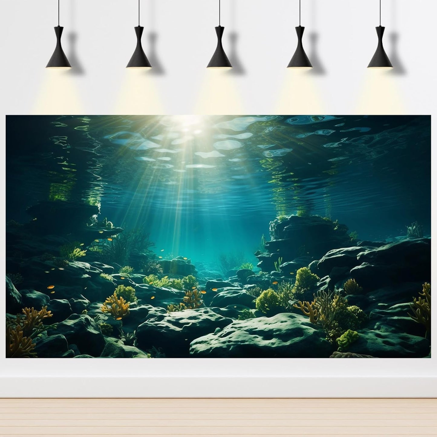 Aquarium Background Underwater Aquatic Plants Rocks Fish Terrarium Backdrop Sunlight Rays Coral Fish Tank Background Cave Style Landscape Sea Grass Tank Wallpaper Poster Vinyl 72x16in