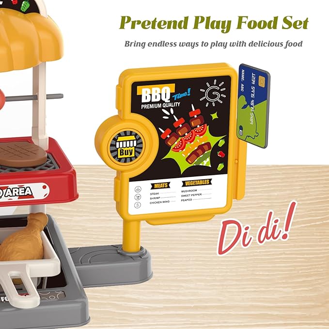 Kids BBQ Grill Play Set: Coffee, Card Reader, Cash Register, Play Food (Grilled Fish, Wings, Kebabs, Sausages), Play Money - Educational Toy Kitchen Ages 3+