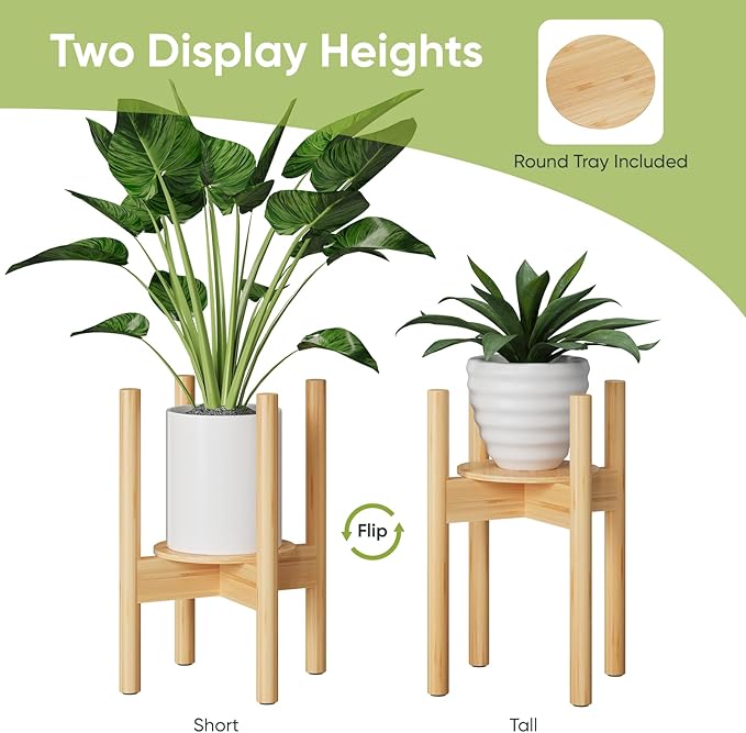 2 Pack Adjustable Plant Stand, Bamboo Plant Stand Indoor with Tray, Wood Plant Stand for 8 to 12 inches Flower Pots, Single Mid Century Modern Plant Stand for Indoor Plants, Natural