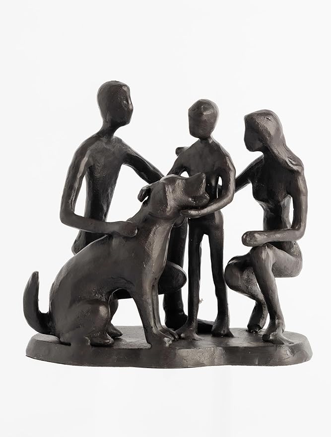 Family and Dog Statues, Cast Iron Family of 3 Figurine, Gift for Dog Lovers,Dog Memorial Gift, Black