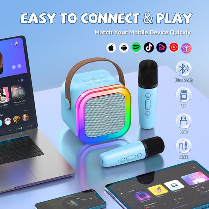 【2025 Newest】 Mini Karaoke Machine for Kids Girls & Boys - Portable Bluetooth Speaker with 2 Wireless Microphones - Kids Birthday Gifts for Ages 4-10 - Kids' Instrument Accessories - Blue