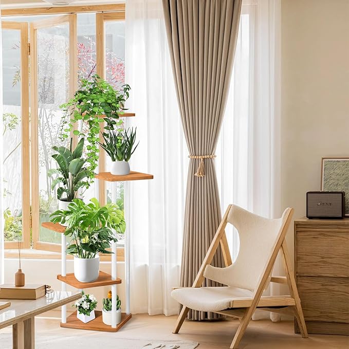 5 Tier Wood Tall Plant Stand Metal Rack Indoor, Multiple Flower Pot Holder Shelves Corner Rack, Planter Shelf Display Rack Storage Organizer for Patio Living Room Balcony Garden(White)