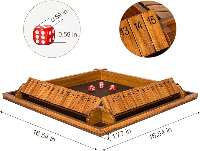 Upgraded 16.54’’ Shut The Box Dice Game with 15 Numbers for 1-4 Players, Large Wooden Board Math Game 16 Dices, Tabletop Games Kids Adults Family Party Birthday