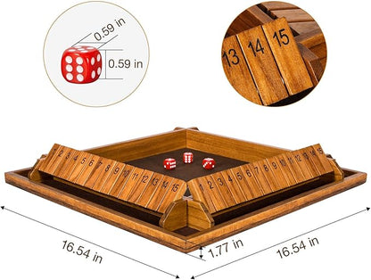 Upgraded 16.54’’ Shut The Box Dice Game with 15 Numbers for 1-4 Players, Large Wooden Board Math Game 16 Dices, Tabletop Games Kids Adults Family Party Birthday