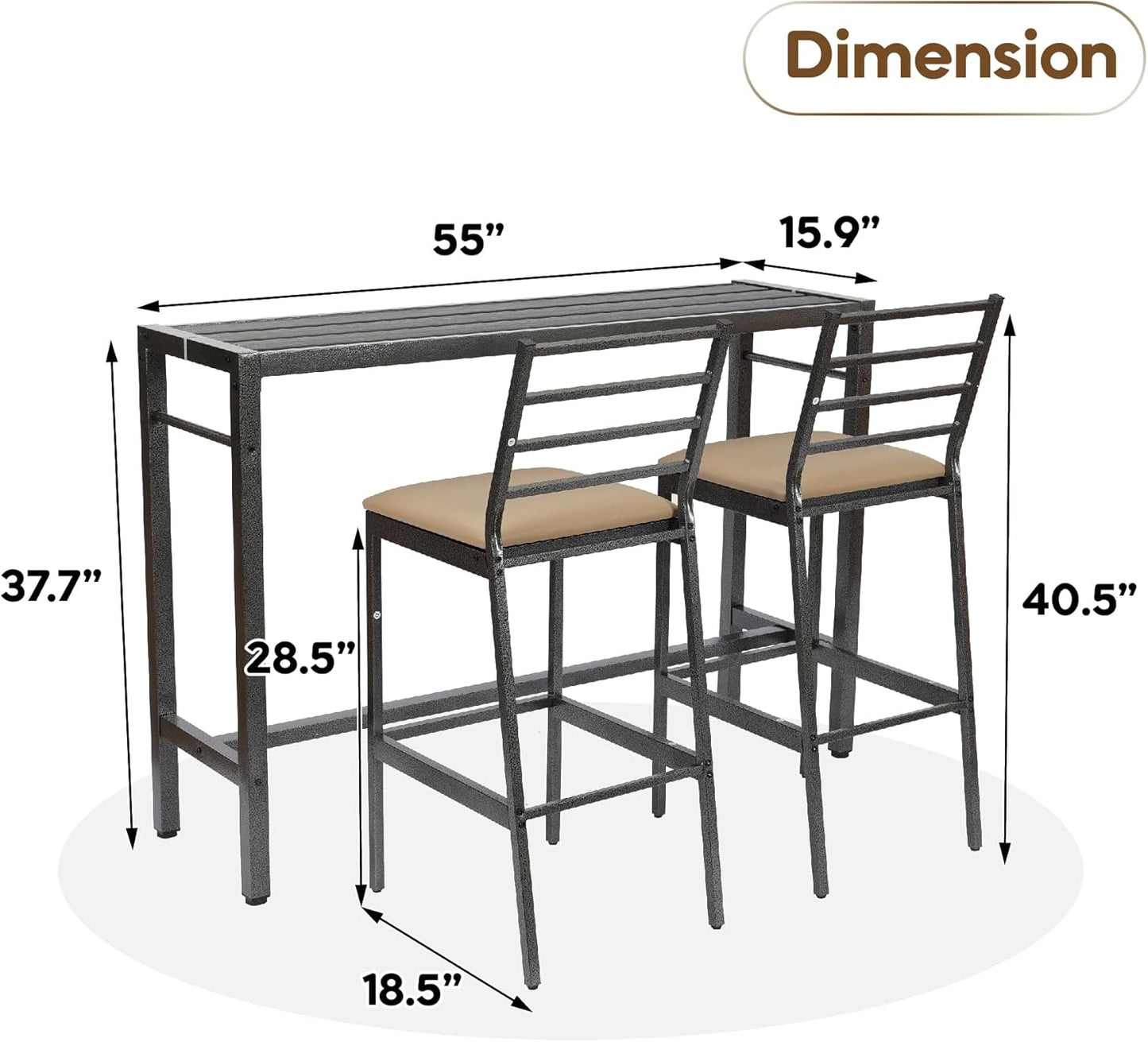 3Pcs Outdoor Patio Bar Set with Cover, 55" Rectangular Pub Height High Top Bar Table with 2 Cushioned Bar Stools, Metal Bar Table and Chairs Set for Outside, Patio, Balcony, Deck