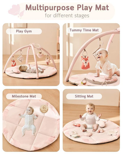 Fortella Baby Play Gym & Activity Mat, Tummy Time Mat w 5 Detachable Toys and Pillow, Large Sensory Playmat for Floor, Newborn Infant Baby Essentials Shower Gift 0-3-6-9-12 Months (Rose Pink)