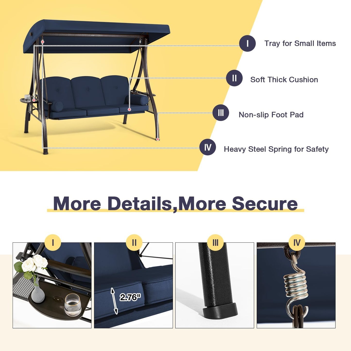 HOMREST 3 Person Outdoor Porch Swing with 1.5" Upgraded Cup Holder, Adjustable Canopy, Backrest, Patio Swing Bed with Weather Resistant Steel Frame, Cushions for Garden,Deck and Poolside(Blue)