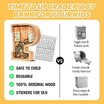 KMC Wooden Letter Piggy Bank, Personalized Initial Piggy Bank for Kids Boys, Clear Alphabet P Wood Money Box, Unbreakable Coin Saving Jar, Birthday, for Children