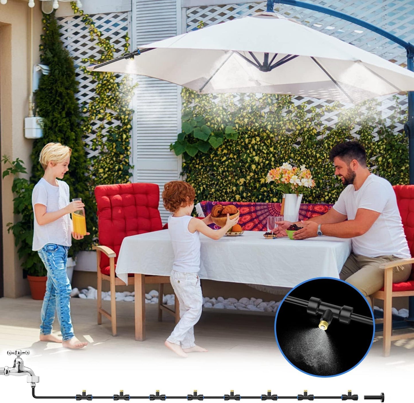 Keten 72FT Misting Cooling System, 59FT(18m)+Extra 13FT(4m) Misting Line, Misters System for Outdoor Patio Garden Greenhouse Pasture with 18 T-Joints+18 Mist Nozzles+3/4” Brass Adapter