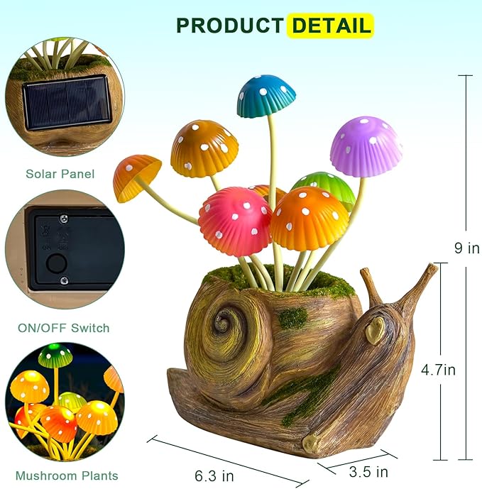 Solar Lights Outdoor Garden Statue,Cute Snails Figurines with Mushroom LED Solar Lights Fairy Garden Accessories,Birthday Gifts for Women Mom Gardening for Patio,Yard Art,Lawn Ornament,Porch,Backyard