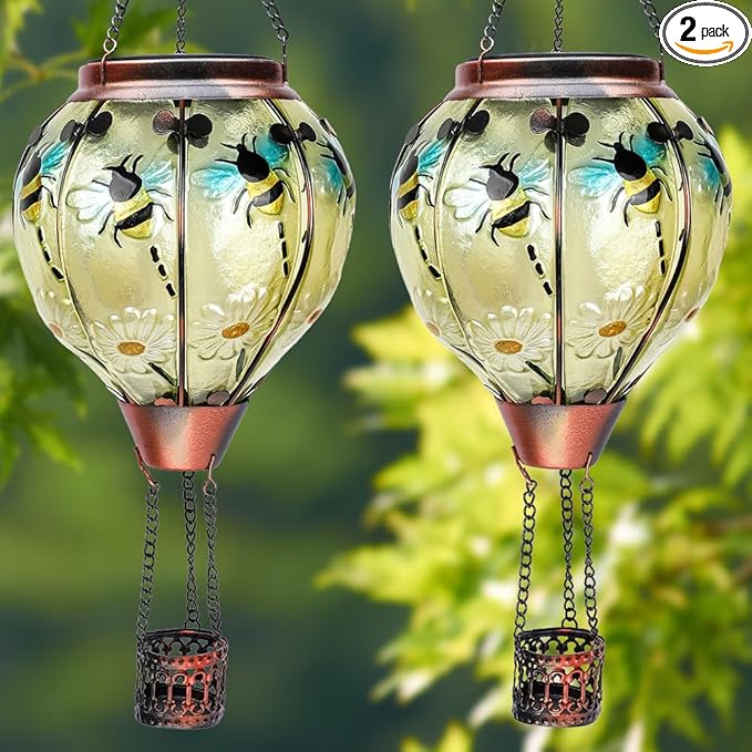 2PCS Solar Hot Air Balloon Lanterns with Flame with Shepherd's Hooks, Glass Hanging Flickering Lights Outdoor Waterproof for Garden Tree Yard Patio Mother's Day Gift, 18" H Bee